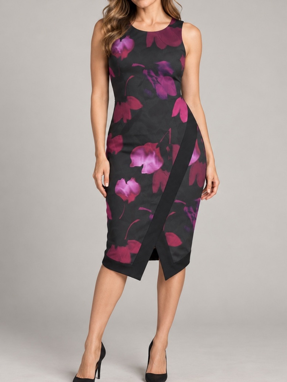 Bar III Black Pink Floral Asymmetrical Sheath Dress M